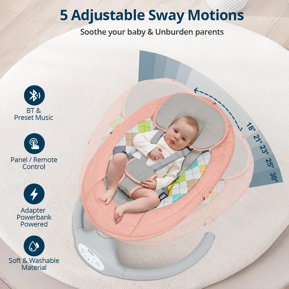 Bioby Baby Swing for Infants with 5 Natural Sway Speeds, Portable Music for 5-20 Lb,0-12 Months Pink