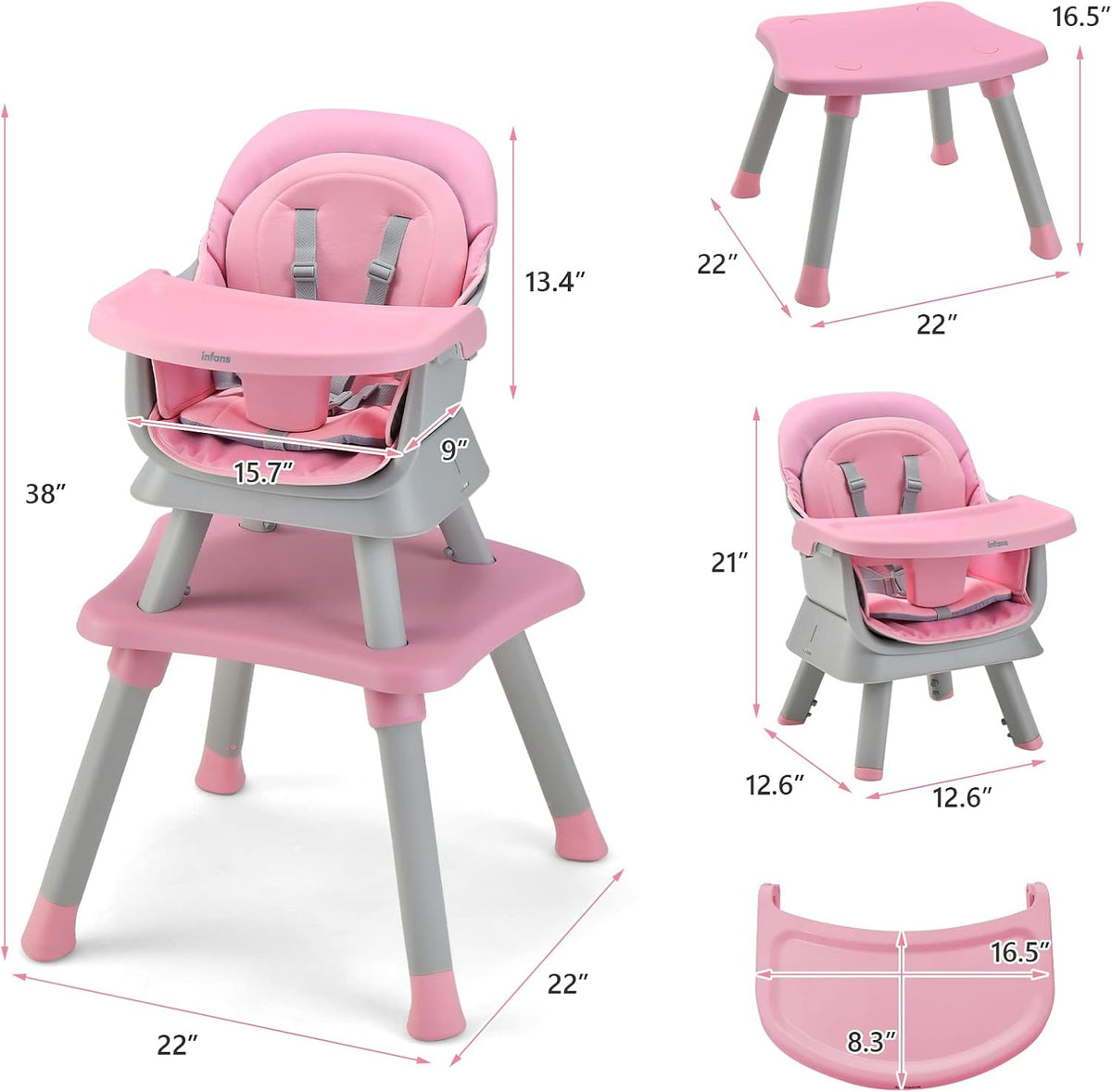 INFANS 8 in 1 Baby High Chair, Convertible Highchair for Babies and Toddlers (Pink)