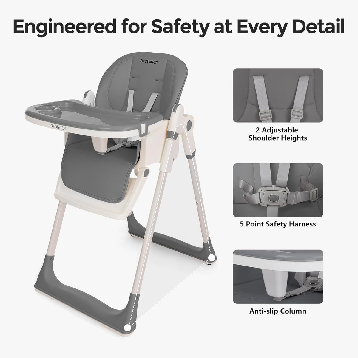 3 in1 High Chair, Easy Clean Foldable Highchair with Adjustable Height, Reclining Mode, 5-Point Safety, Removable Tray, Lockable Wheels, Washable Cushion, Idealfor Babies & Toddlers, Grey