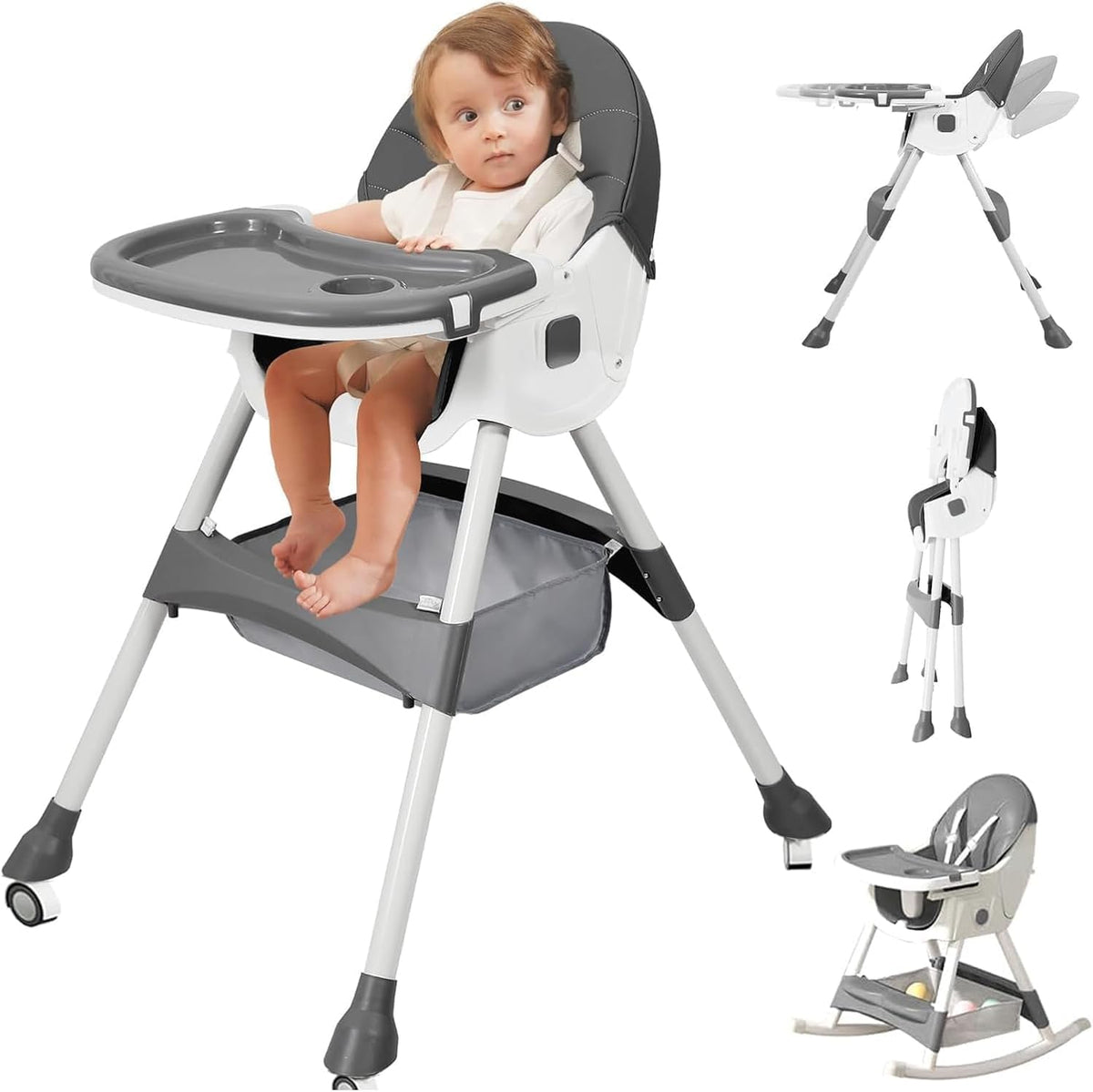 Portable Baby High Chair, 6 in 1 Convertible High Chairs for Babies & Toddlers with 5-Point Safety Harness