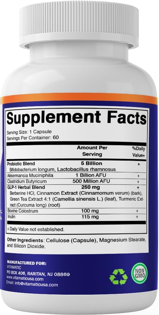 Vitamatic GLP-1 Support Supplement for Men & Women 60 Capsules - Made with Akkermansia, Probiotics, Prebiotic- 2 Pack