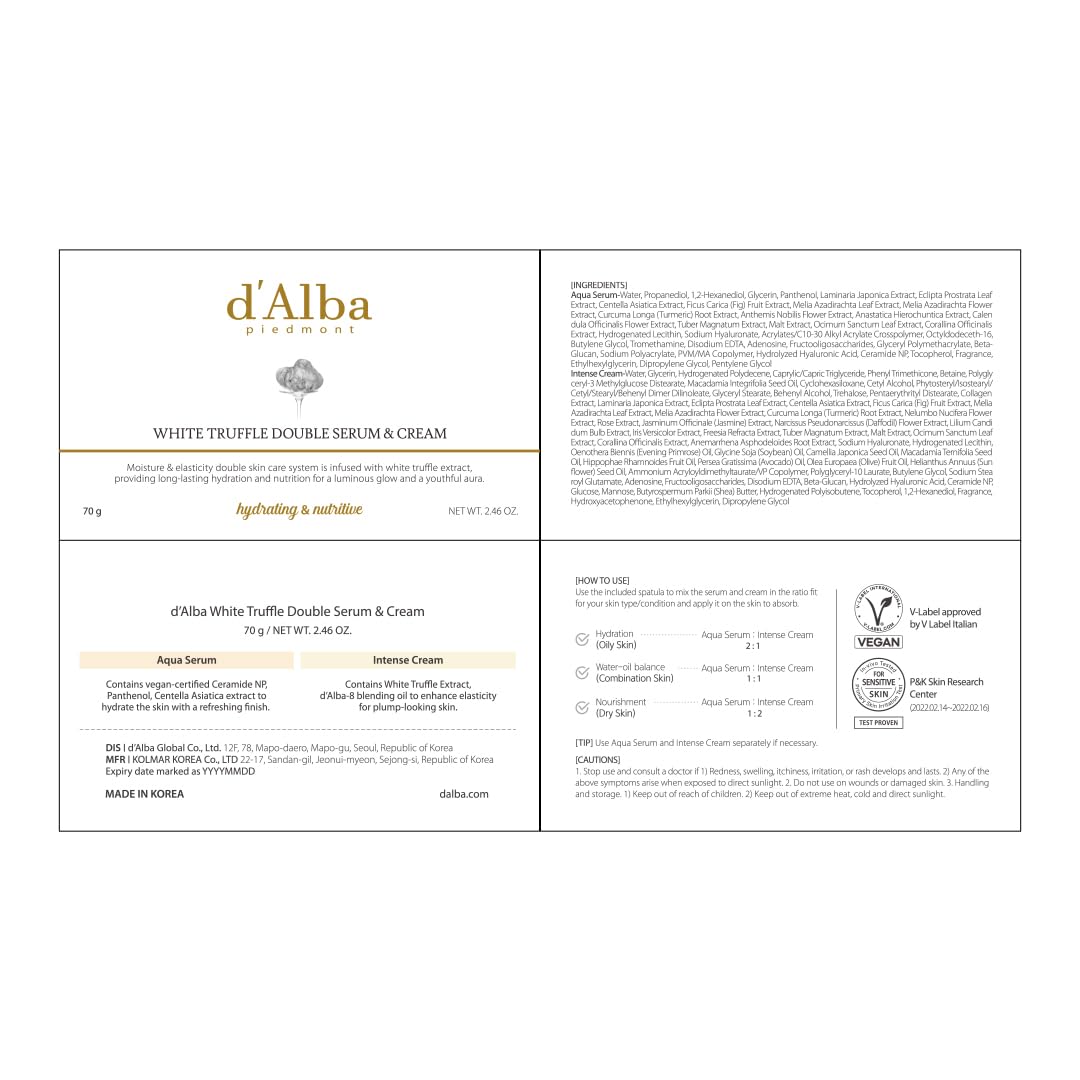 d'alba Piedmont Italian White Truffle Double Serum & Cream, Vegan Skincare, 2-in-1 Face Moisturizer(2.46 oz)