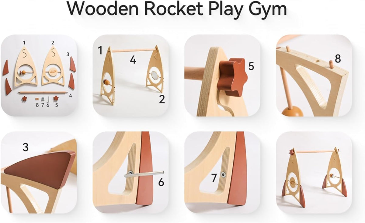 Promise Babe Wooden Rocket Baby Gym Infant Activity Gym with 5 Detachable Toys, (Rocket)