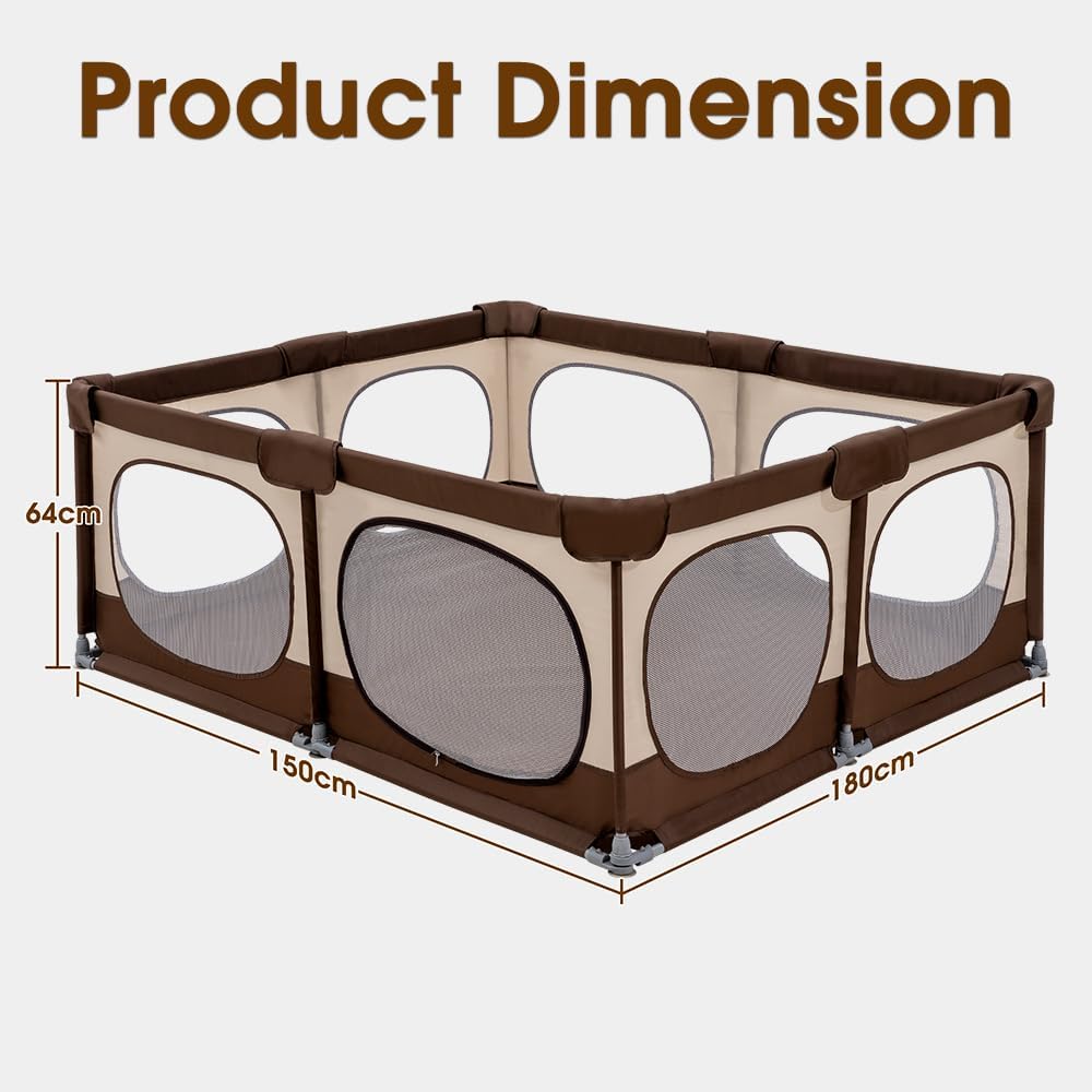 Baby Playpen, 150x180CM Play Pen for Babies & Toddlers, Brown