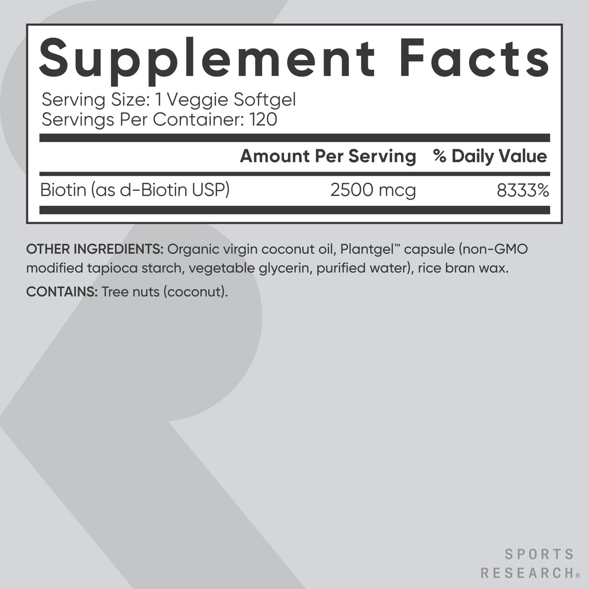 Sports Research Extra Strength Vegan Biotin (Vitamin B) Supplement with Organic Coconut Oil - Supports Keratin for Healthier Hair & Skin - Great for Women & Men - 2,500mcg, 120 Veggie Softgel Capsules
