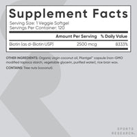 Sports Research Extra Strength Vegan Biotin (Vitamin B) Supplement with Organic Coconut Oil - Supports Keratin for Healthier Hair & Skin - Great for Women & Men - 2,500mcg, 120 Veggie Softgel Capsules