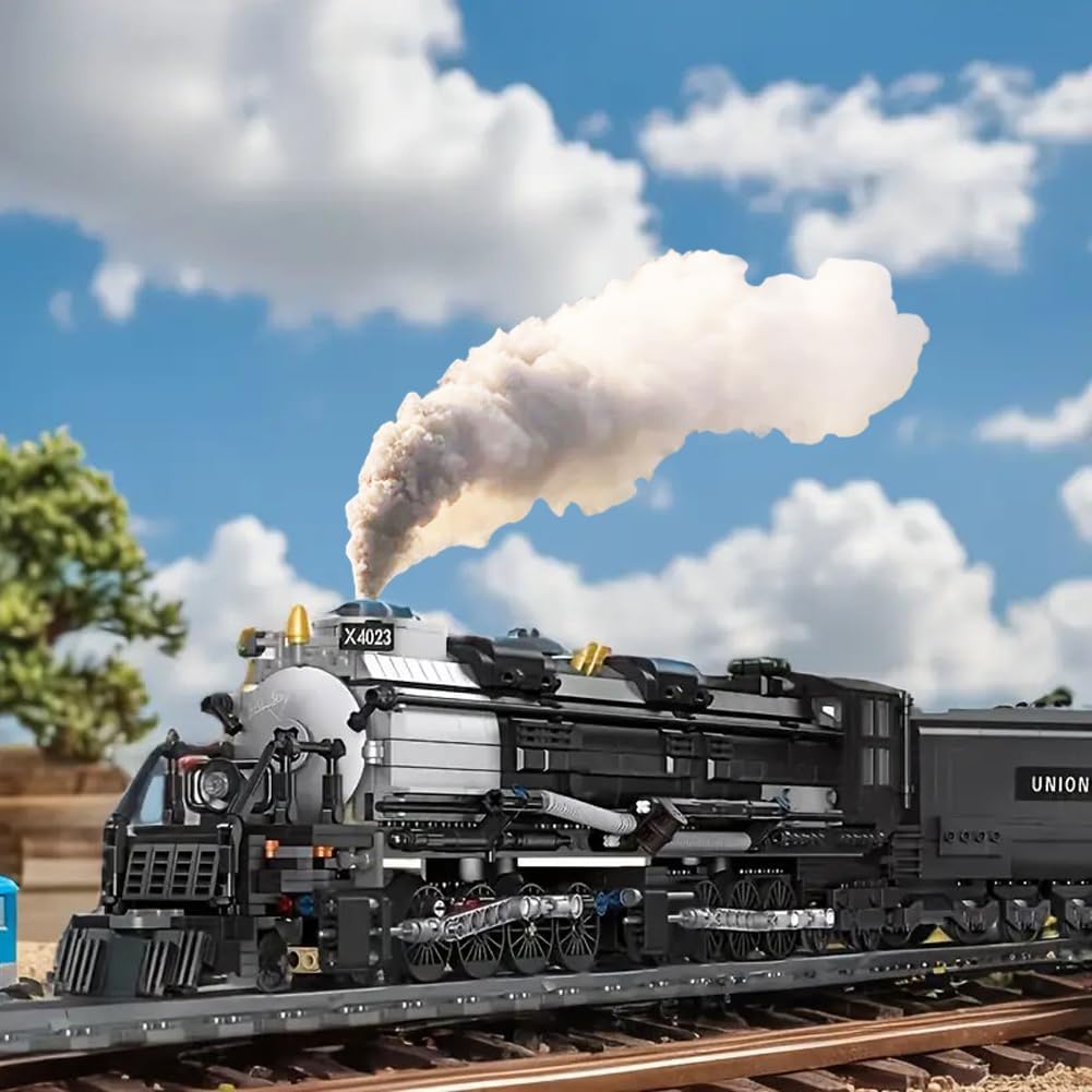 Ruikytech Big Boy Steam Train Building Block Toy, Articulated Train Display Model Set with Tracks, 1608 Pieces, Black, Classic Style, Adult