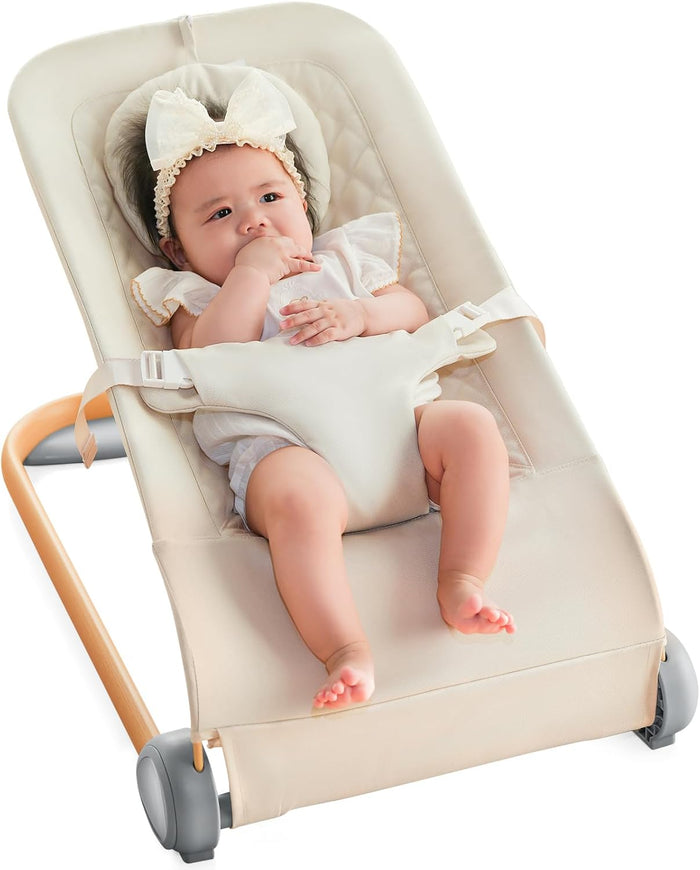 Baby Bouncer, Portable Bouncer Seat for Babies, Portable Bedside Bassinet with Wheels, 7 Height Adjustable Baby Bassinet for Infants, Beige