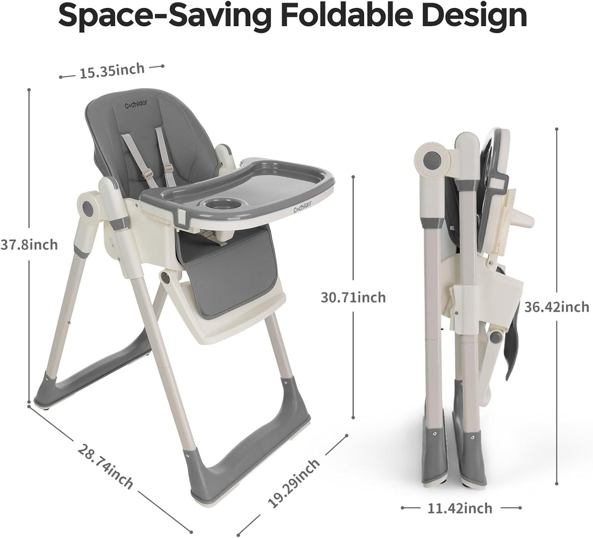 3 in1 High Chair, Easy Clean Foldable Highchair with Adjustable Height, Reclining Mode, 5-Point Safety, Removable Tray, Lockable Wheels, Washable Cushion, Idealfor Babies & Toddlers, Grey