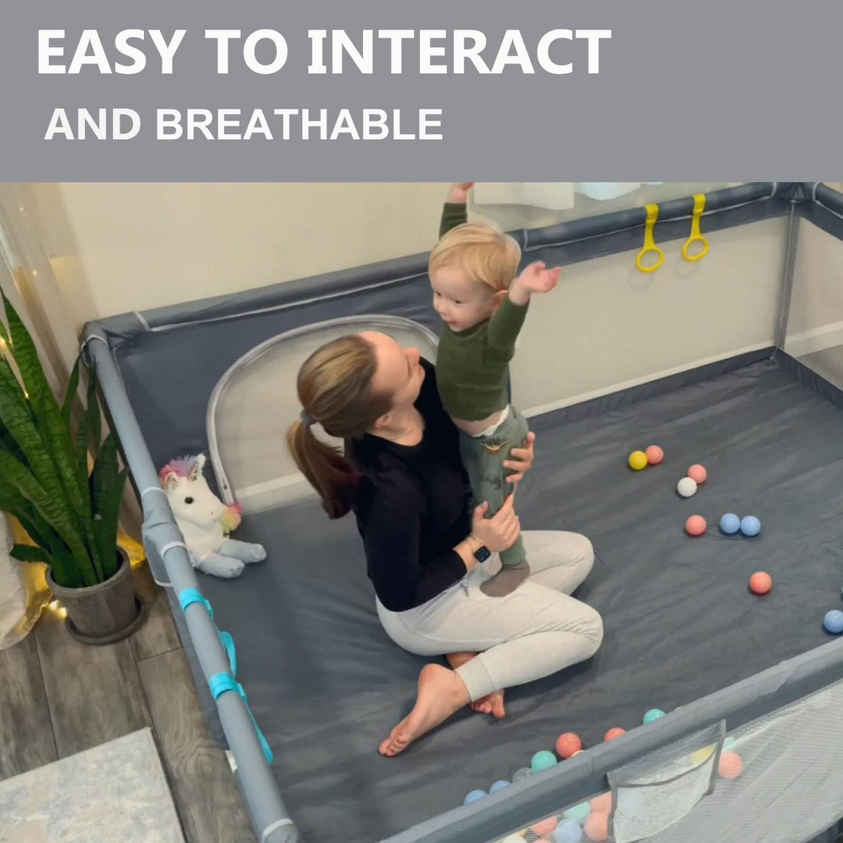 Baby Playpen 200 x 160 cm, Extra Large Baby Play Pen with 50 Ocean Balls, 4X Pull Rings