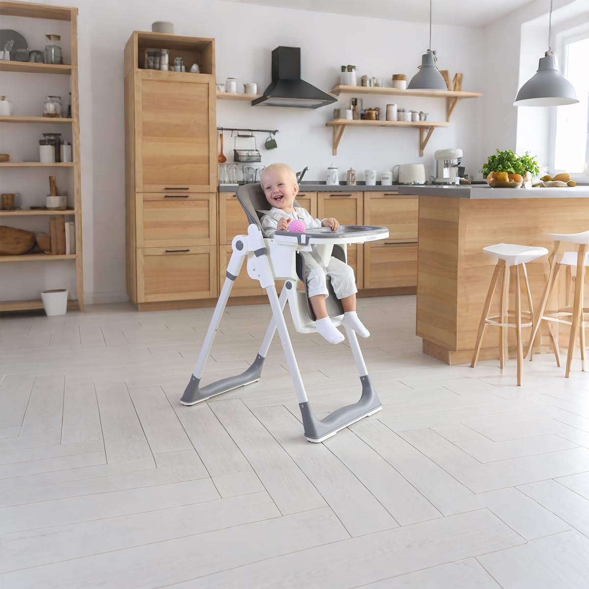 3 in1 High Chair, Easy Clean Foldable Highchair with Adjustable Height, Reclining Mode, 5-Point Safety, Removable Tray, Lockable Wheels, Washable Cushion, Idealfor Babies & Toddlers, Grey