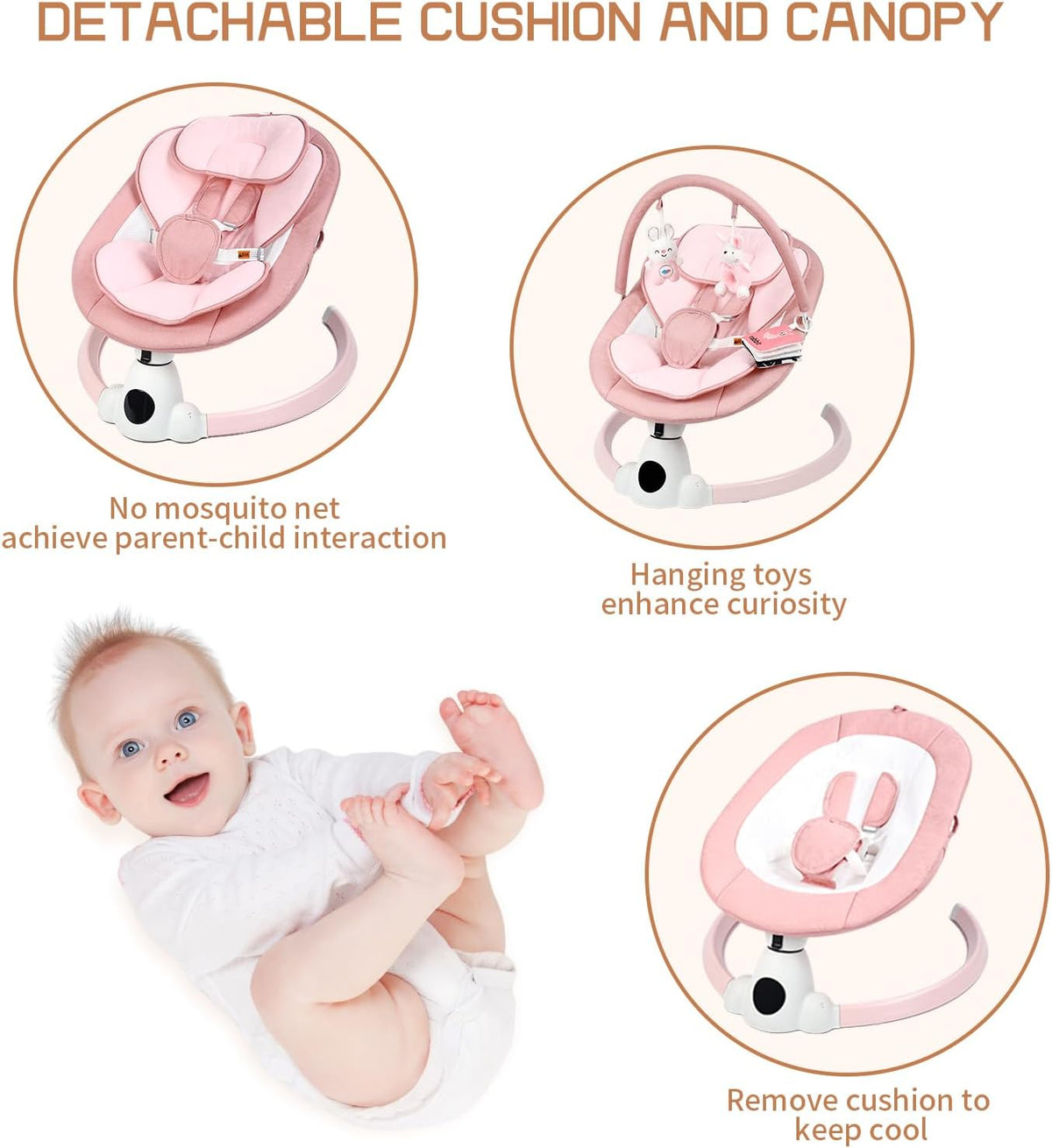 Baby Bouncer, Portable Electric Baby Swing with Bluetooth, 5 Swing Speed, 10 Lullabies, 5-Point Harness, Remote Control & Touch Panel - Bouncer from Birth for Indoor & Outdoor Use(Pink)