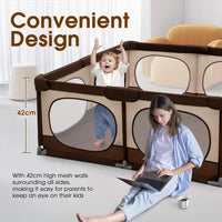 Baby Playpen, 150x180CM Play Pen for Babies & Toddlers, Brown