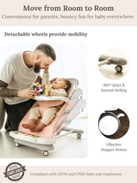 Baby Bouncer 4-in-1 with Wheels, Detachable Piano, Feeding Tray, Play Bar, Pink