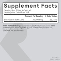 Sports Research® Biotin 10,000mcg with Organic Coconut Oil - Biotin (Vitamin B7)  120 Veggie Softgels