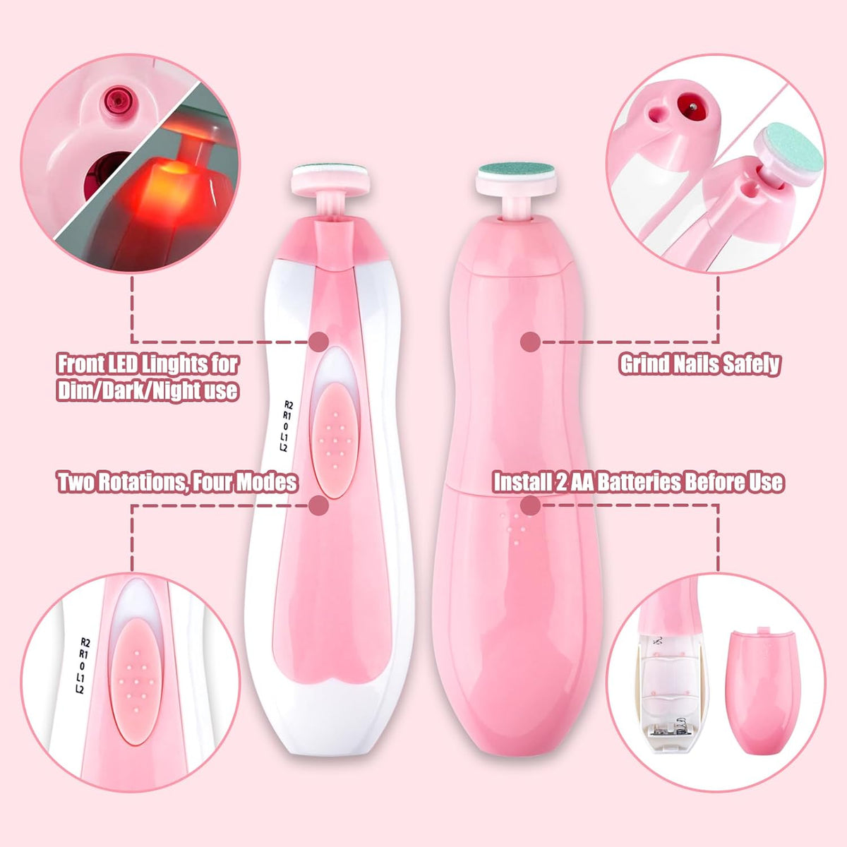 Electric Nail File Drill for Baby No Sharp Claws Hurt, 18 in 1 Safety Cutter Trimmer Clipper for Toes and Fingers (Pink Upgrade)