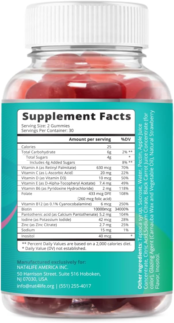 BeLive Biotin Gummies with MultiVitamins, Folate, Inositol – Supports Hair Growth, Healthy Skin & Nails – Vegan, Pectin Based – Strawberry Flavor-USA Made