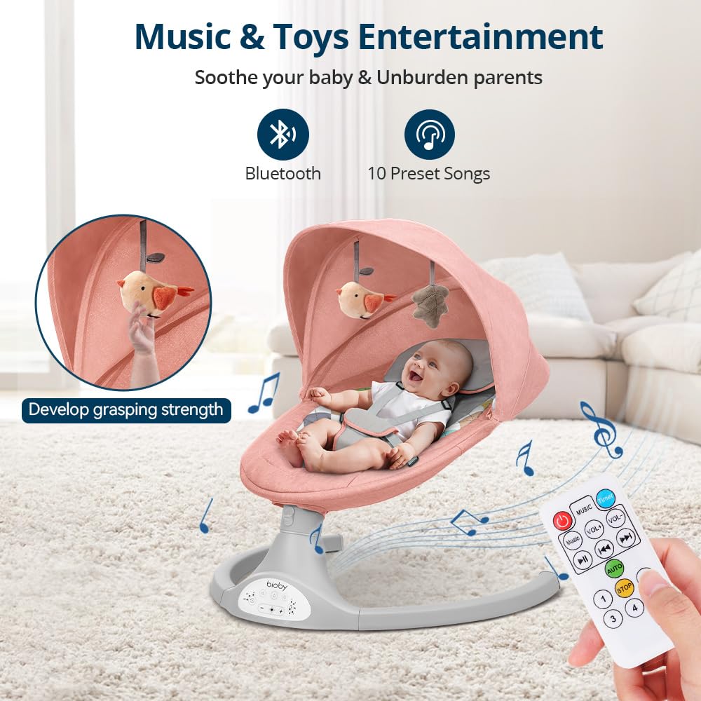Bioby Baby Swing for Infants with 5 Natural Sway Speeds, Portable Music for 5-20 Lb,0-12 Months Pink