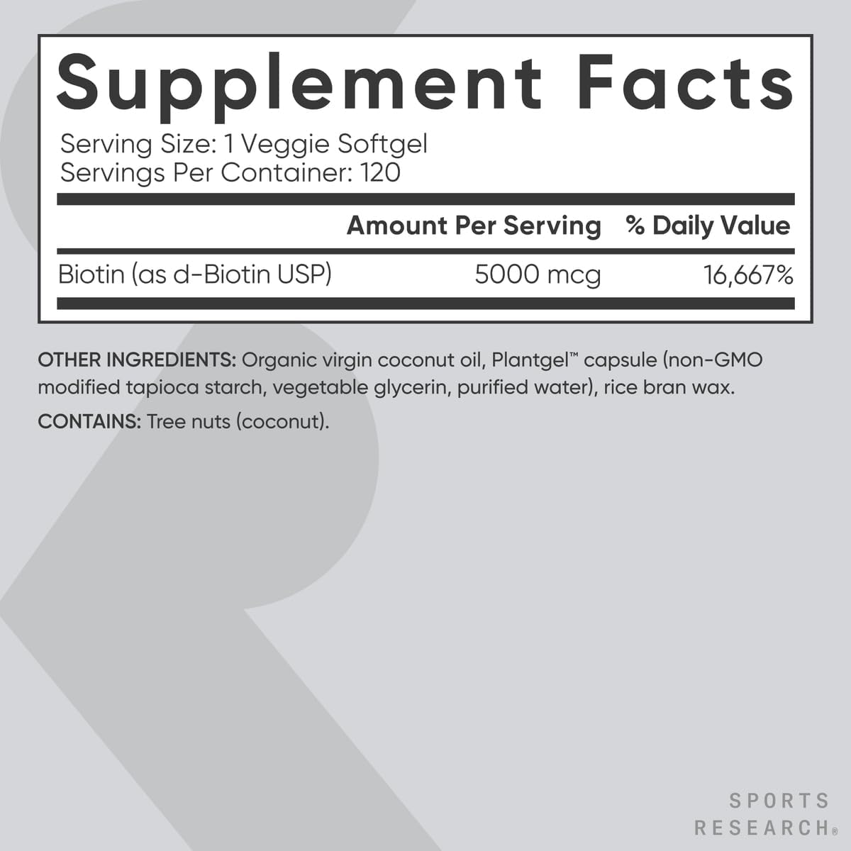 Sports Research Extra Strength Vegan Biotin (Vitamin B) Supplement with Organic Coconut Oil - Supports Keratin for Healthier Hair & Skin - Great for Women & Men - 5,000mcg, 120 Veggie Softgel Capsules