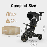 QPLAY Prime 6-in-1 Kids Trike & Pram – Toddler Stroller with Adjustable Parent Push Handle, Removable Canopy, Recline Backrest & Rotatable Seat, Fits Boys & Girls 10 Months-6 Years(Black)
