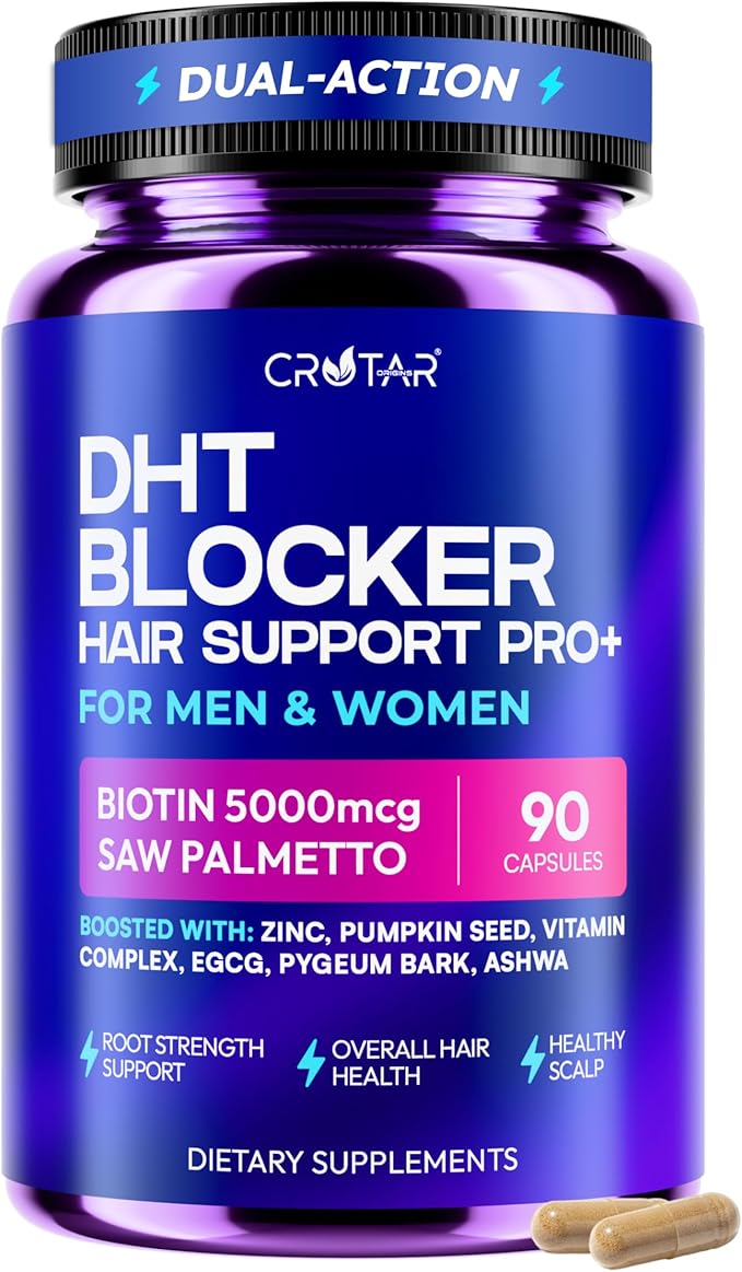 Crotar DHT Blocker for Women & Men | Dual Action Hair Growth Supplement | Saw Palmetto and Pumpkin Seed Oil, Biotin 5000 mcg, Zinc | Hair & Scalp Support Herbal Complex | 90 Capsules