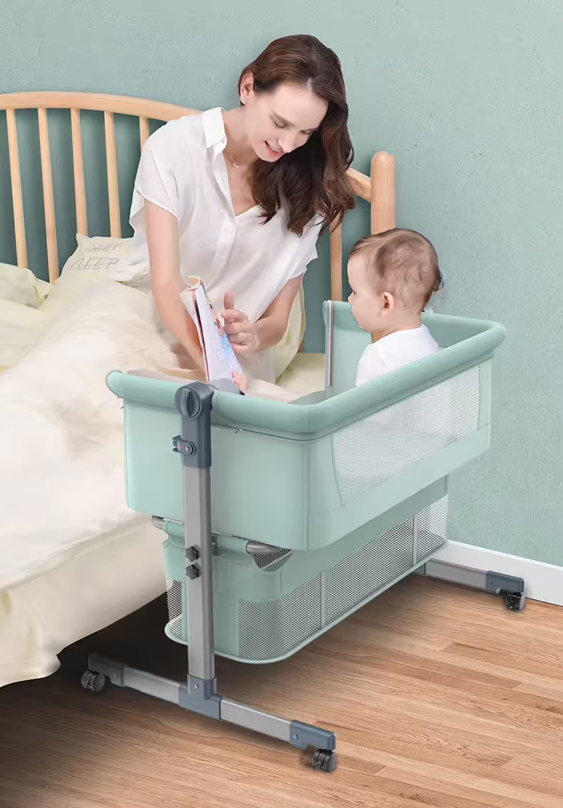 Baby Bedside Bassinet with Mosquito Net, Free Mattress, Storage Bag, 2 Height Adjustable Portable Baby Crib with Beech Wood Frame