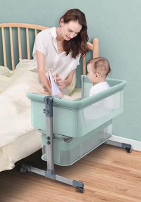 Baby Bedside Bassinet with Mosquito Net, Free Mattress, Storage Bag, 2 Height Adjustable Portable Baby Crib with Beech Wood Frame