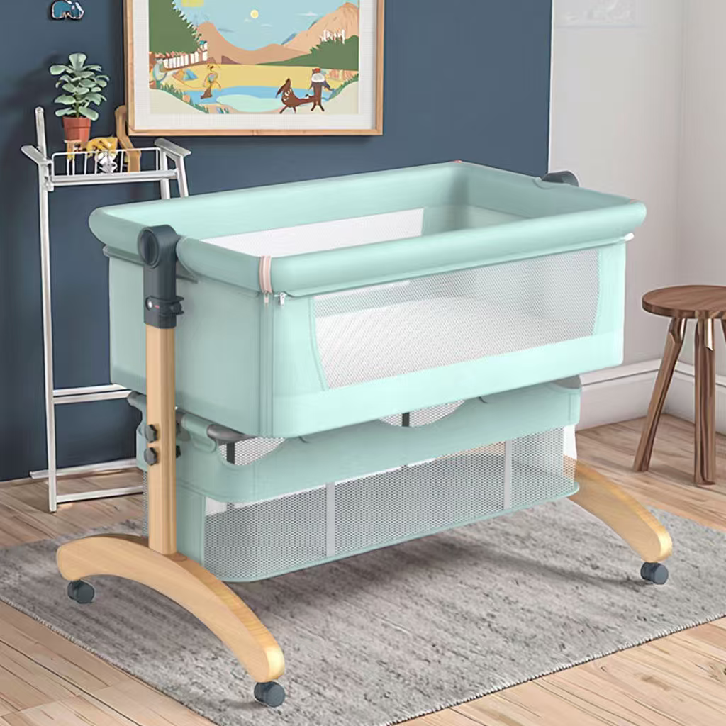 Baby Bedside Bassinet with Mosquito Net, Free Mattress, Storage Bag, 2 Height Adjustable Portable Baby Crib with Beech Wood Frame