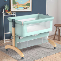 Baby Bedside Bassinet with Mosquito Net, Free Mattress, Storage Bag, 2 Height Adjustable Portable Baby Crib with Beech Wood Frame