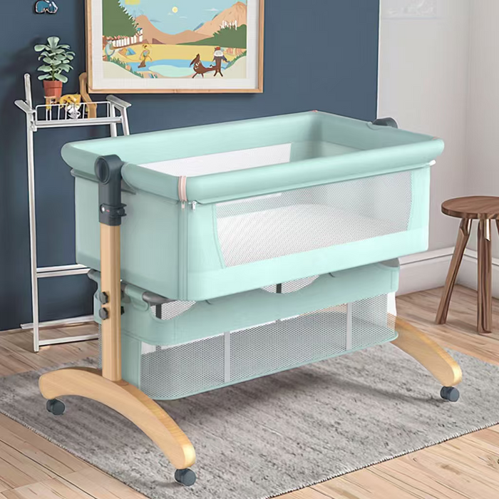 Baby Bedside Bassinet with Mosquito Net, Free Mattress, Storage Bag, 2 Height Adjustable Portable Baby Crib with Beech Wood Frame