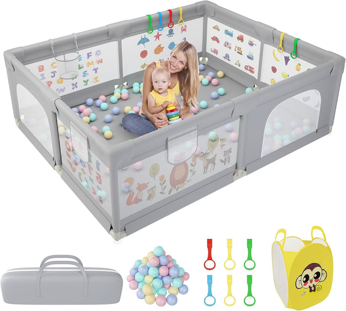 Baby Playpen 200 x 160 cm, Extra-Large Non-Slip Playpen with 50 Ocean Balls(Gray)