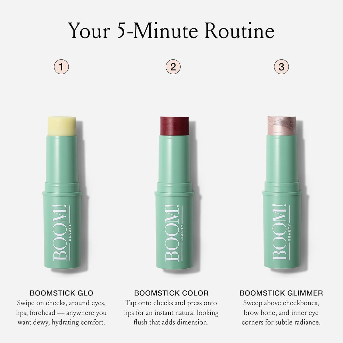 Boomstick Trio ® Color 3 Pack Cream Blush Makeup, Color Blush Stick, Highlighter Stick & Moisturizer for Cheeks, Eyes & Lips, Blendable Vegan Boom Sticks by Cindy Joseph for Older Women, BOOM Beauty