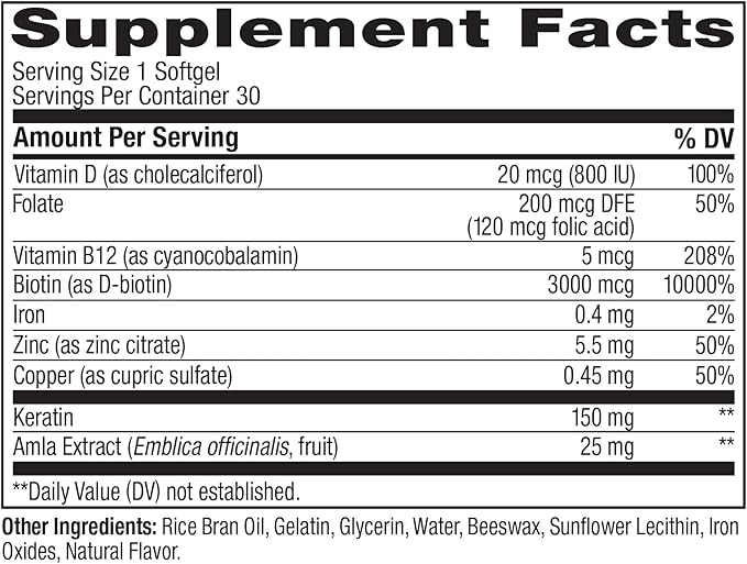 OLLY Ultra Strength Hair Softgels, Supports Hair Health, Biotin, Keratin, Vitamin D, B12, Hair Supplement, 30 Day Supply - 30 Count