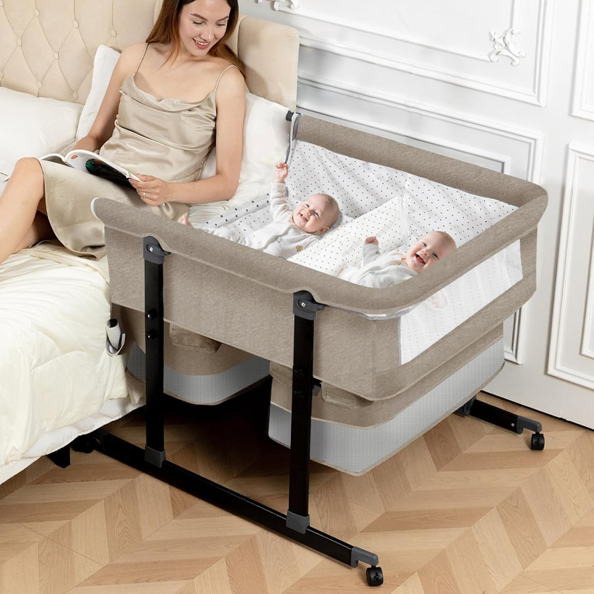 Twin Bassinet for 2 Babies, Double Bassinet for Twins with Mosquito Net & Storage Basket, Portable Foldable Bedside Sleeper for Newborns, Khaki