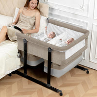 Twin Bassinet for 2 Babies, Double Bassinet for Twins with Mosquito Net & Storage Basket, Portable Foldable Bedside Sleeper for Newborns, Khaki