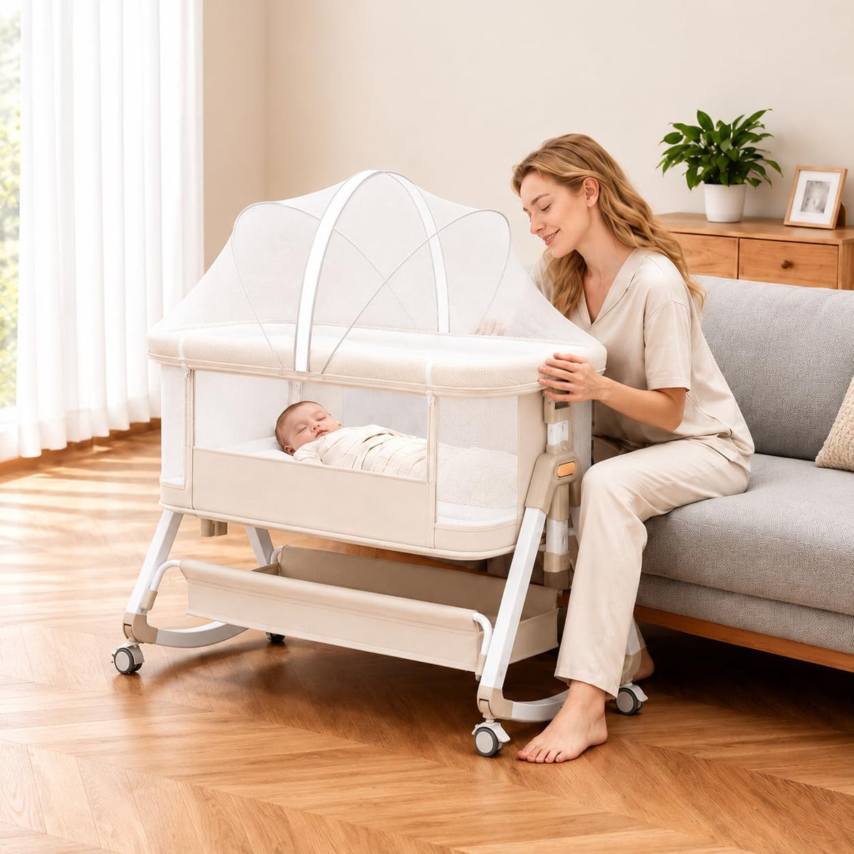 3-in-1 Baby Bassinet, Bedside Crib Breathable Mesh Design for Newborn & Nursery, 4D Air Fiber Mattress Sleeper with Height Adjustable, Storage Basket & Lockable Castors