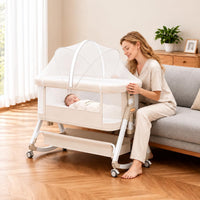 3-in-1 Baby Bassinet, Bedside Crib Breathable Mesh Design for Newborn & Nursery, 4D Air Fiber Mattress Sleeper with Height Adjustable, Storage Basket & Lockable Castors