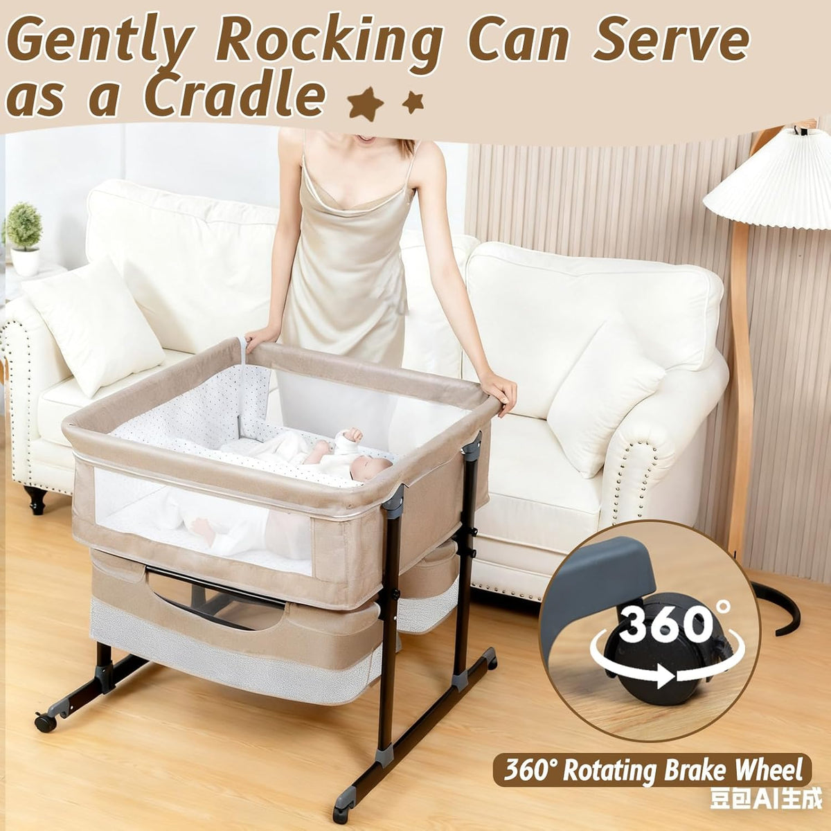 Twin Bassinet for 2 Babies, Double Bassinet for Twins with Mosquito Net & Storage Basket, Portable Foldable Bedside Sleeper for Newborns, Khaki
