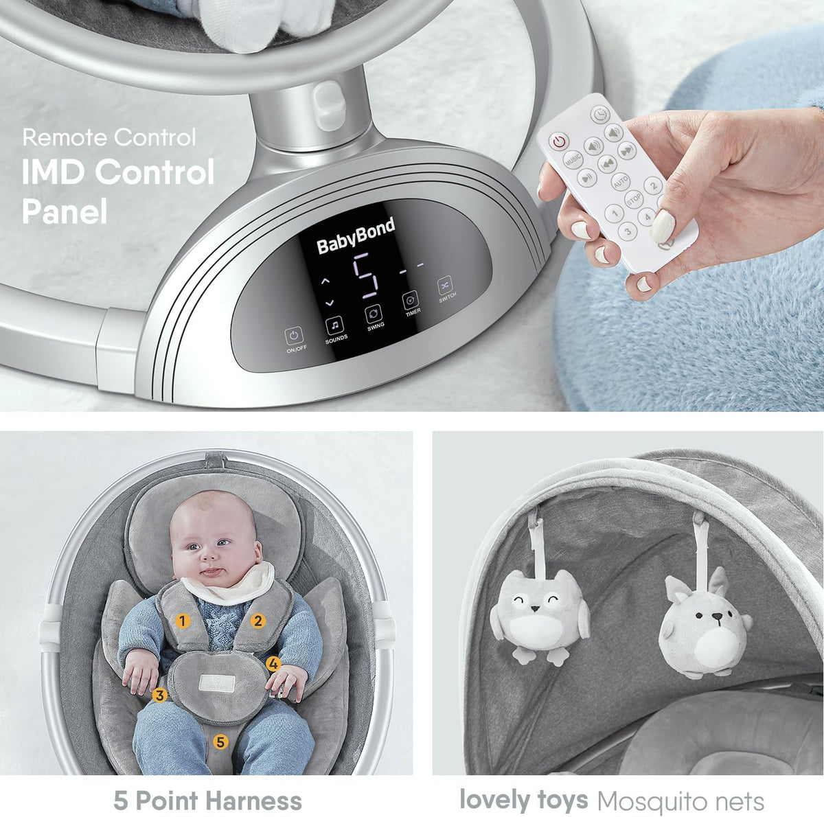 BabyBond Baby Swings for Infants, Bluetooth Infant Swing with Music Speaker, 3 Seat Positions, 5 Point Harness Belt, 5 Speeds (Silver)