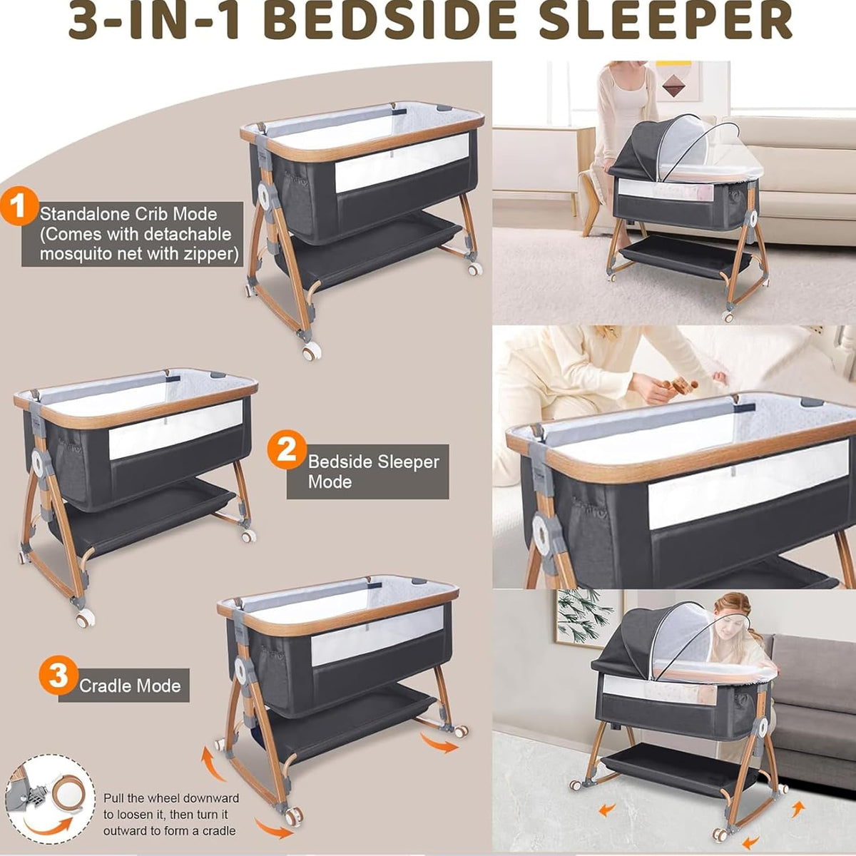 3 in 1 Baby Bassinet, Bedside Sleeper for Baby, Bedside Crib with Wheels & Storage Basket & Mosquito Net, Height Adjustabl