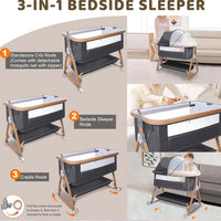 3 in 1 Baby Bassinet, Bedside Sleeper for Baby, Bedside Crib with Wheels & Storage Basket & Mosquito Net, Height Adjustabl