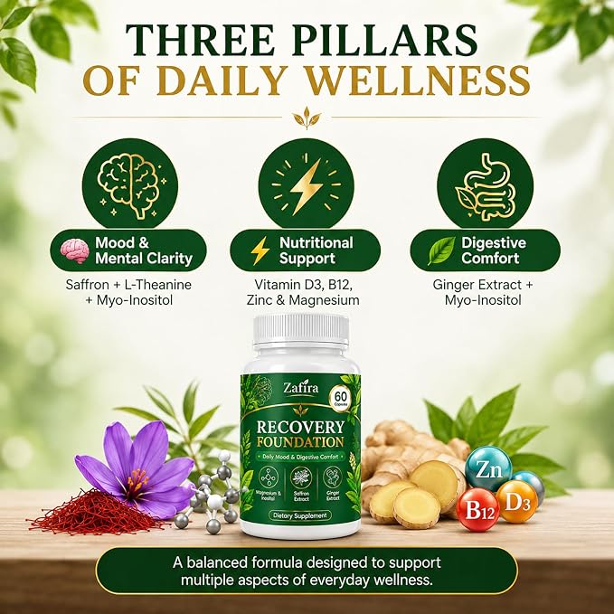 Zafira Organics Recovery Foundation Capsules | Mood & Mental Focus Support | Daily Wellness & Digestive Comfort | Saffron Extract, Myo-Inositol, Magnesium & Ginger Extract | Non-GMO | 60 Capsules