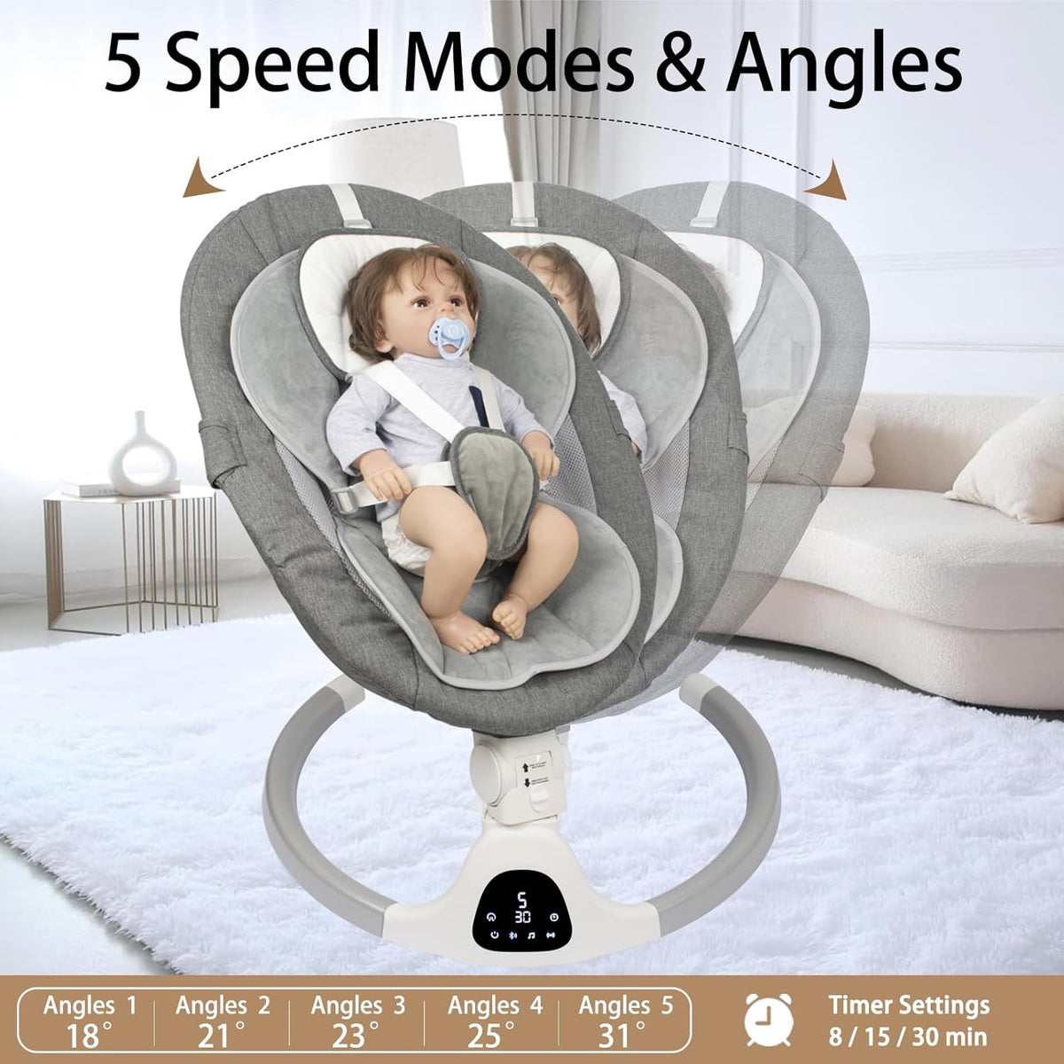 Baby Swing for Infants, with Bluetooth Remote Control Timing Function and 10 Music 5 Swing Speeds 3 Seat Positions Baby Bouncer for Boy Girl Indoor & Outdoor Use (Gray)