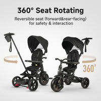 QPLAY Prime 6-in-1 Kids Trike & Pram – Toddler Stroller with Adjustable Parent Push Handle, Removable Canopy, Recline Backrest & Rotatable Seat, Fits Boys & Girls 10 Months-6 Years(Black)