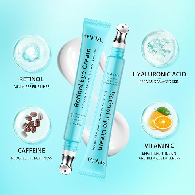 Retinol Eye Cream - Anti Aging Under Eye Cream with Hyaluronic Acid & Caffeine, Eye Serum for Dark Circles & Puffiness, Reduces Wrinkles & Repairs Eye Area (15ml)
