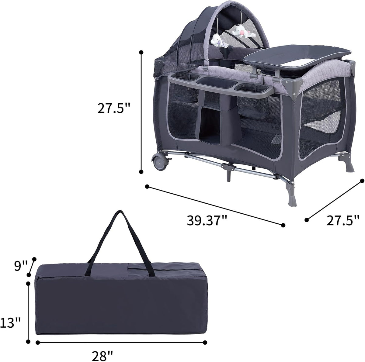 Portable Baby Crib, Foldable Baby Portacot, Travel Playard with Canopy, Nursery Center, Foldable Travel Playard with Changing Table, Soft Mattress, Hanging Toys and Carry Bag
