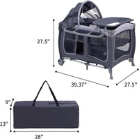 Portable Baby Crib, Foldable Baby Portacot, Travel Playard with Canopy, Nursery Center, Foldable Travel Playard with Changing Table, Soft Mattress, Hanging Toys and Carry Bag