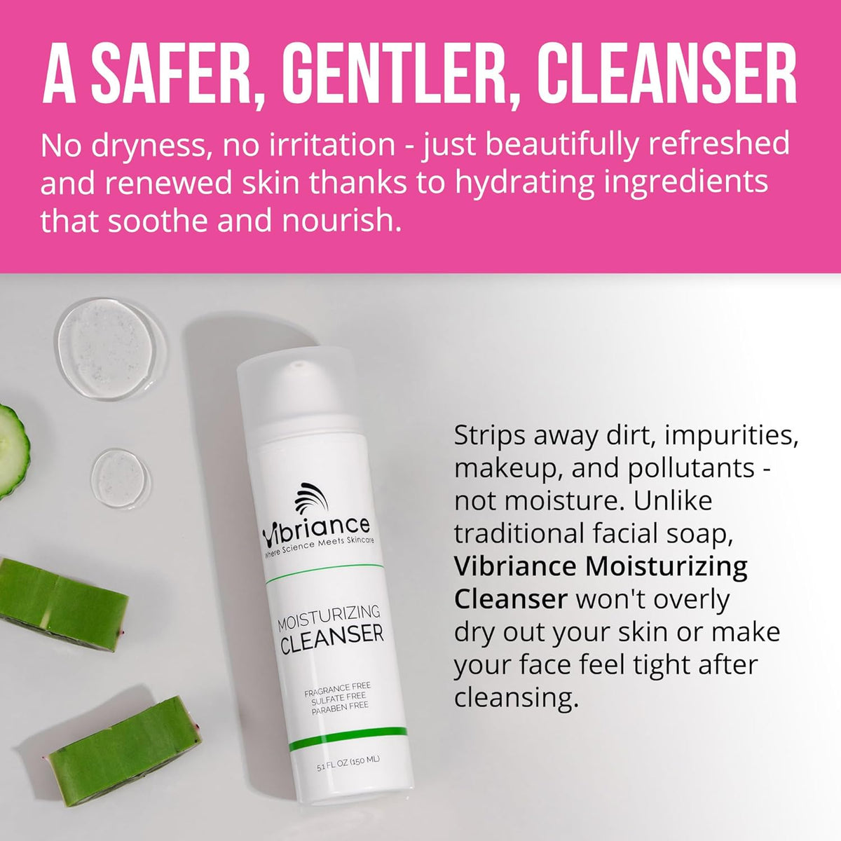 Vibriance Moisturizing Face Cleanser, 5.1 fl oz - Ultra-Hydrating Facial Wash for Women, Normal to Dry Skin - Sulfate and Paraben-Free - Removes Makeup, Impurities