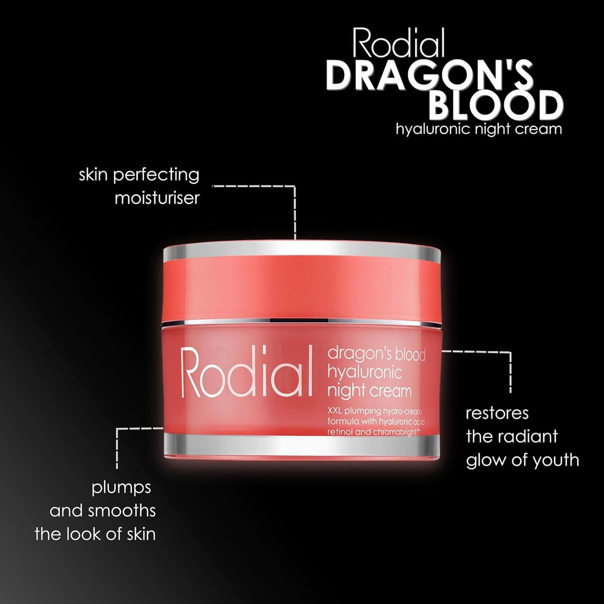 Rodial Dragons Blood Hyaluronic Night Cream 1.69 fl oz, Luxurious Overnight Skin Perfecting Moisturiser - Retinol, Hyaluronic Acid and Shea Butter for Skin Hydration, Quickly-Absorbing Formula