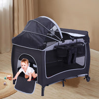 Portable Baby Crib, Foldable Baby Portacot, Travel Playard with Canopy, Nursery Center, Foldable Travel Playard with Changing Table, Soft Mattress, Hanging Toys and Carry Bag